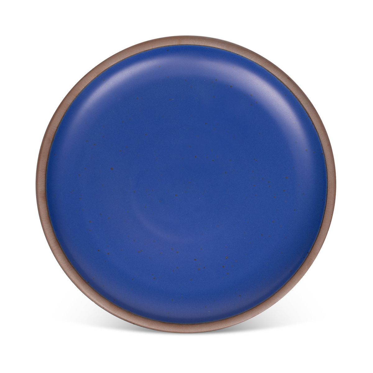 A large ceramic platter in a cobalt blue color featuring iron speckles and an unglazed rim