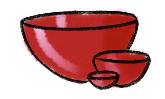 A simple crayon drawing of 3 bowls in tiny, medium, and large sizes with a watercolor wash in a bold red color
