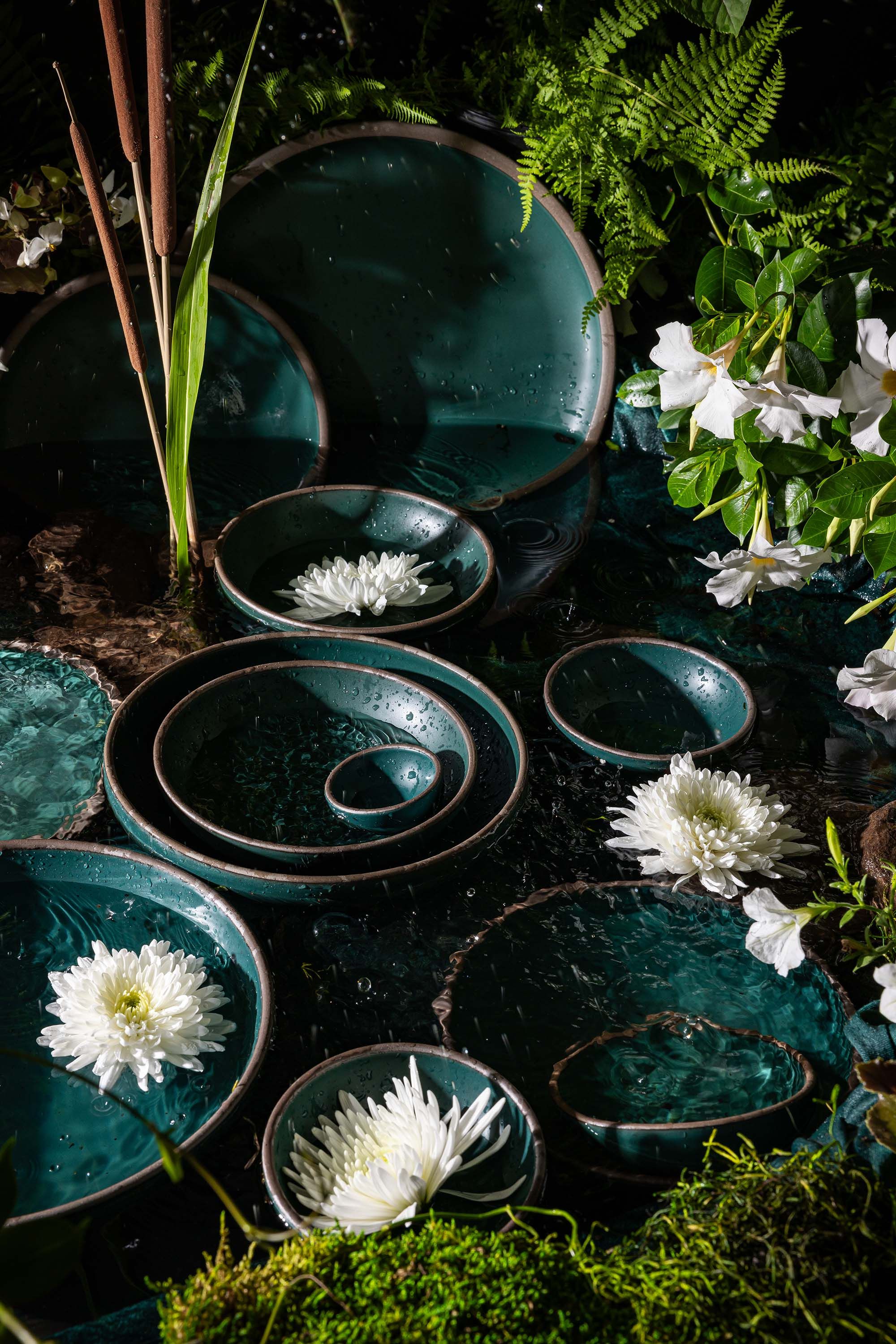 Earthy environment with ferns, water, white flowers with various plates and bowls in a deep dark teal.