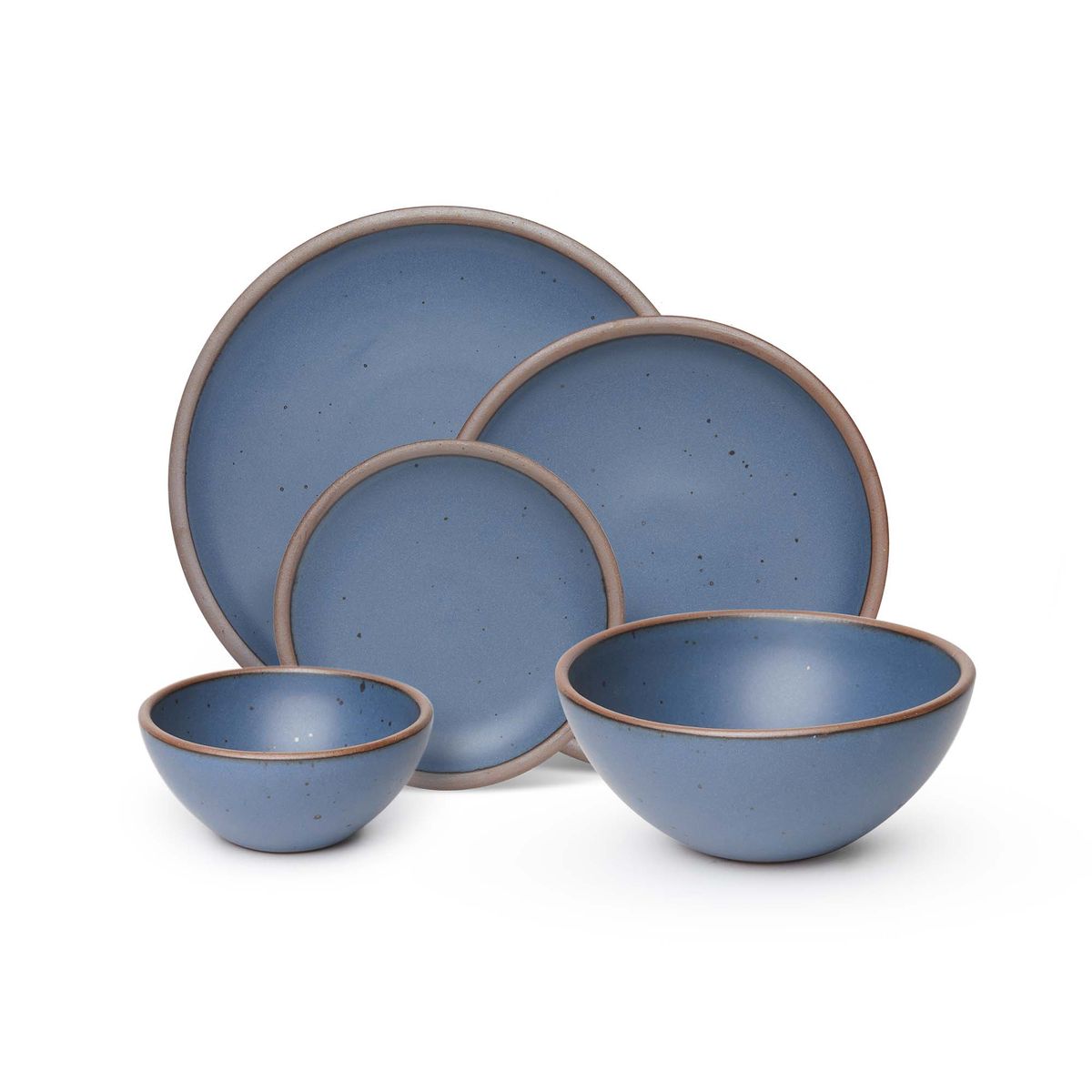 An ice cream bowl, soup bowl, cake plate, side plate and dinner plate paired together in a cool, medium blue featuring iron speckles