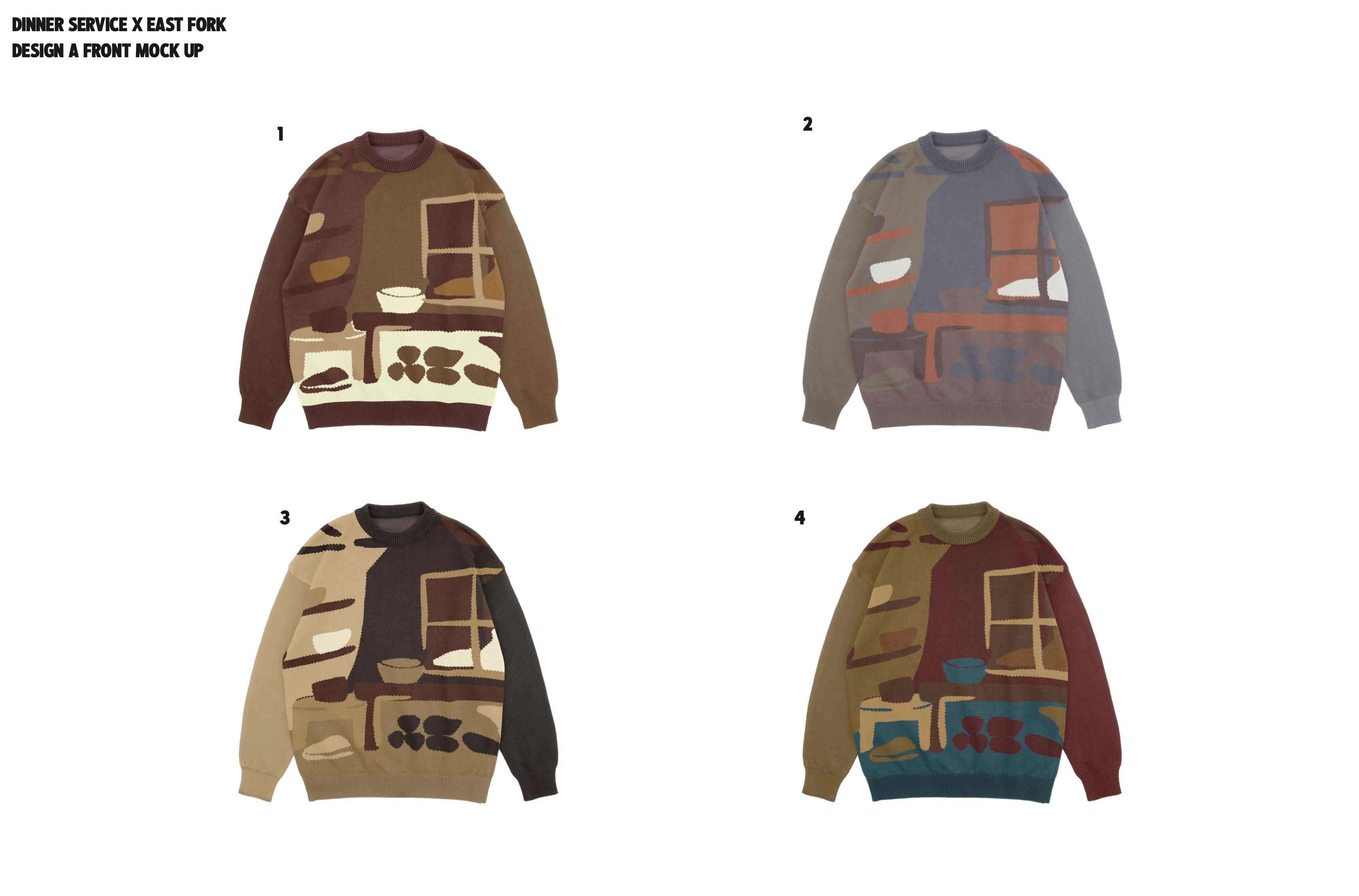 4 Mockups of the workshop sweater in 4 different color ways.