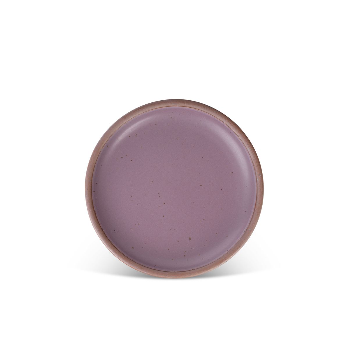 A medium sized ceramic plate in a soft mauve purple color featuring iron speckles and an unglazed rim.