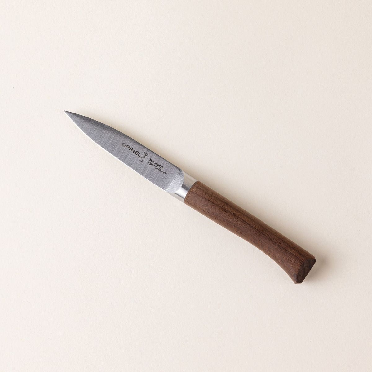 A small paring knife with a sharp steel blade and a beveled dark wood handle