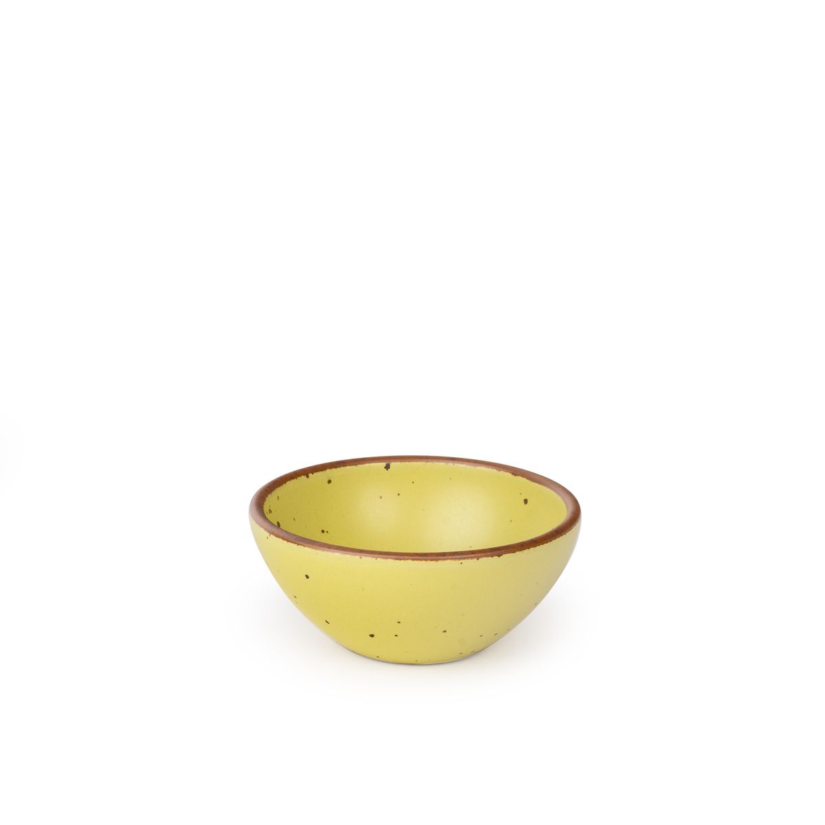A small dessert sized rounded ceramic bowl in a zesty yellow color featuring an unglazed rim