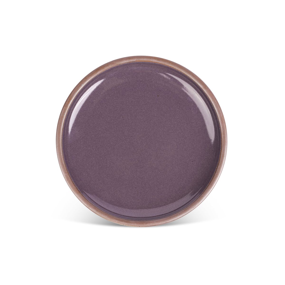 A dinner sized ceramic plate in a purple color with a soft glowing sheen and unglazed rim
