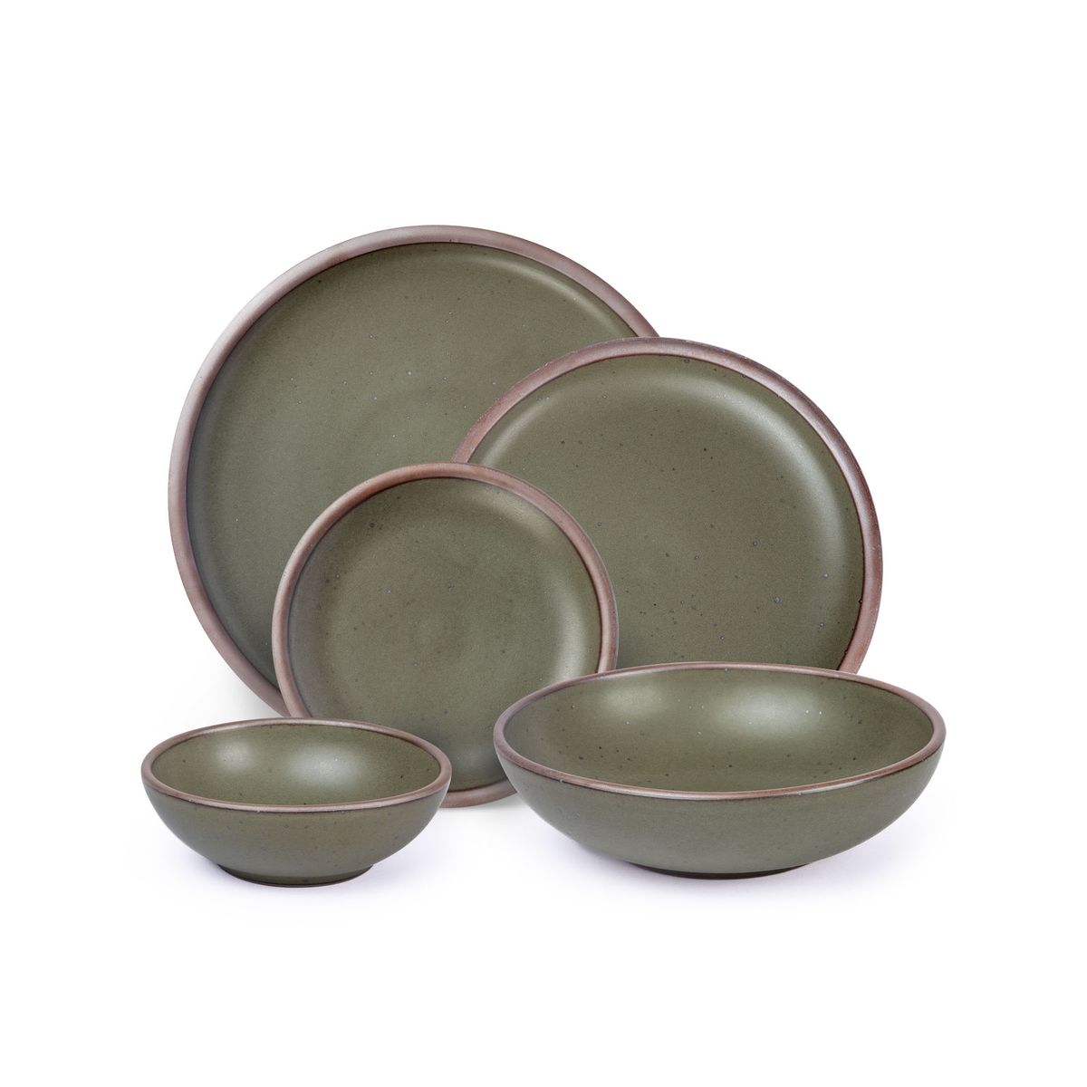 A breakfast bowl, everyday bowl, cake plate, side plate and dinner plate paired together in a pine green color featuring iron speckles