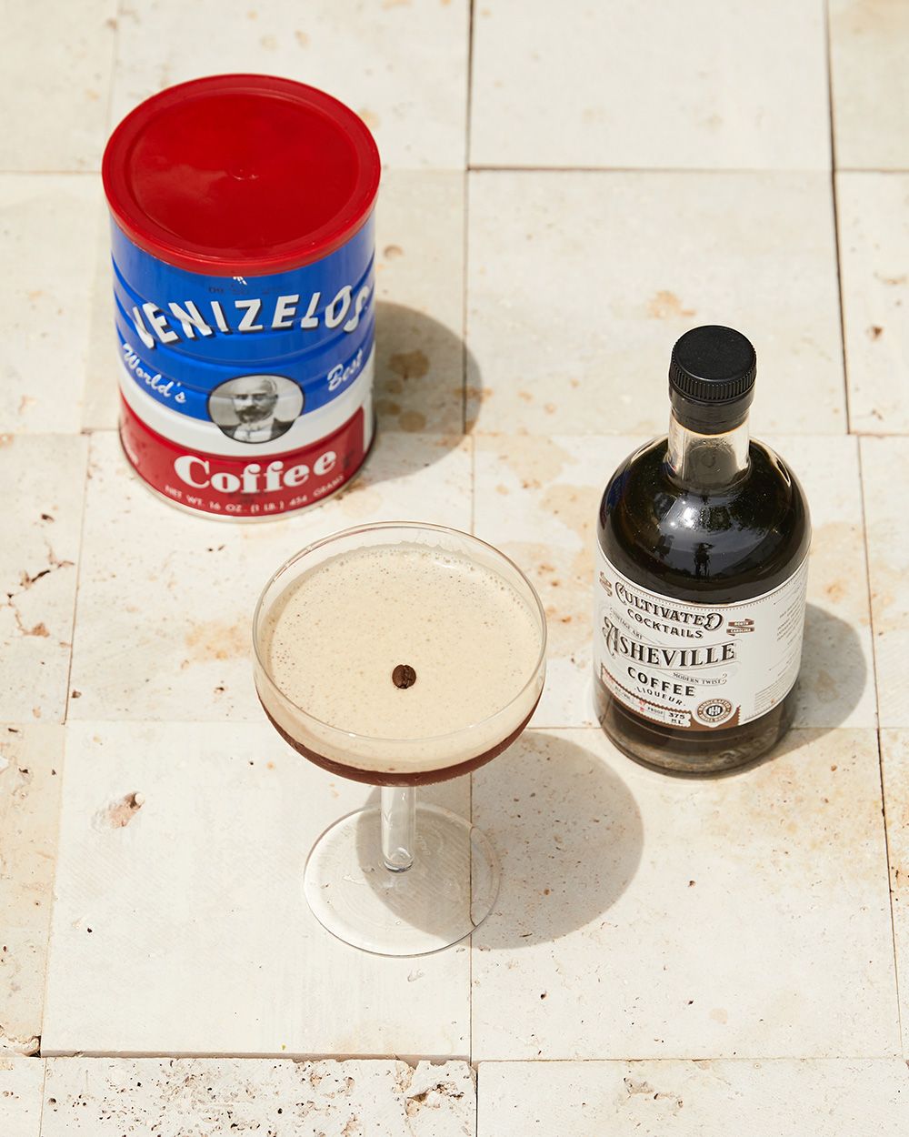 Tin of coffee, espresso martini, coffee liqueur 