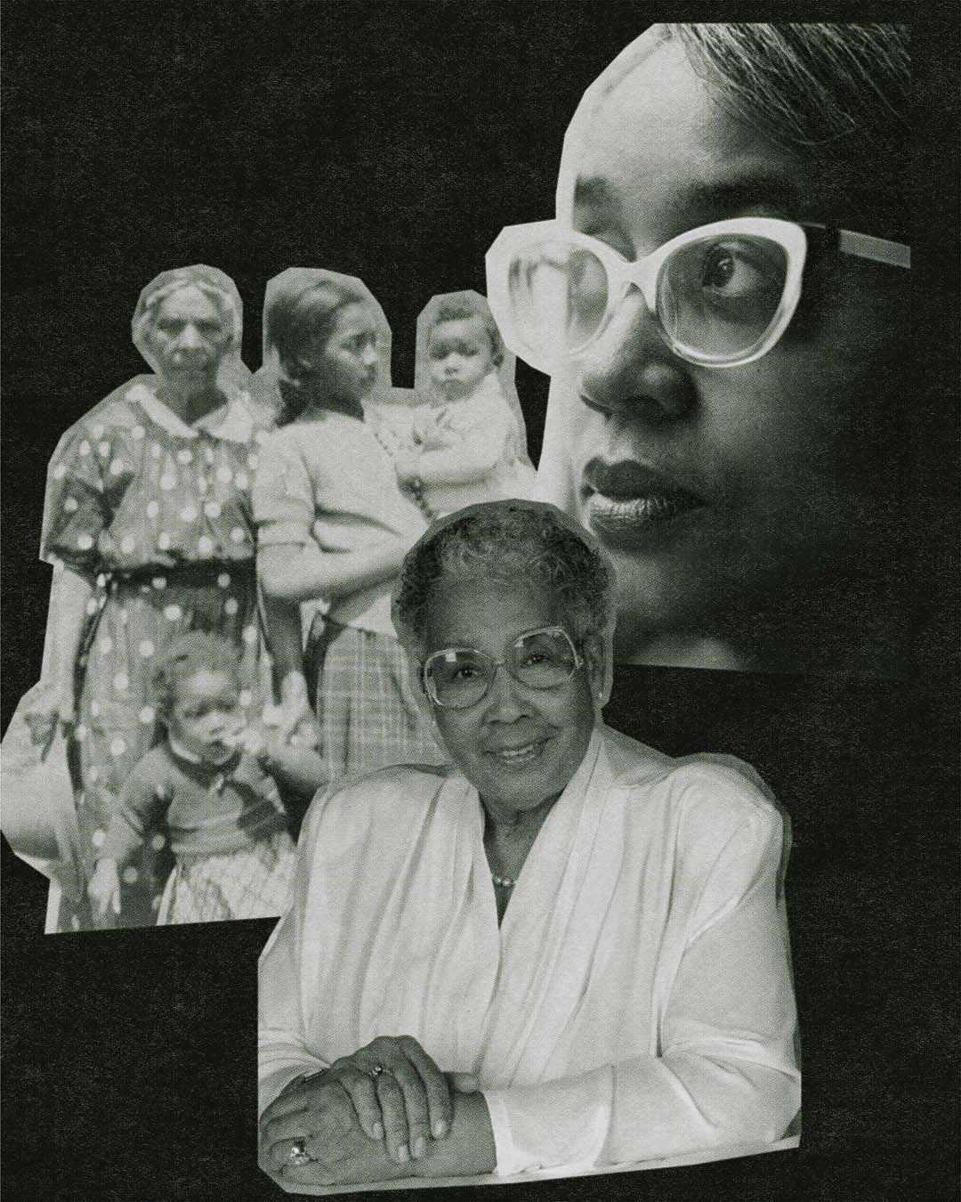 A collage of old cropped black and white photos of women of various ages.