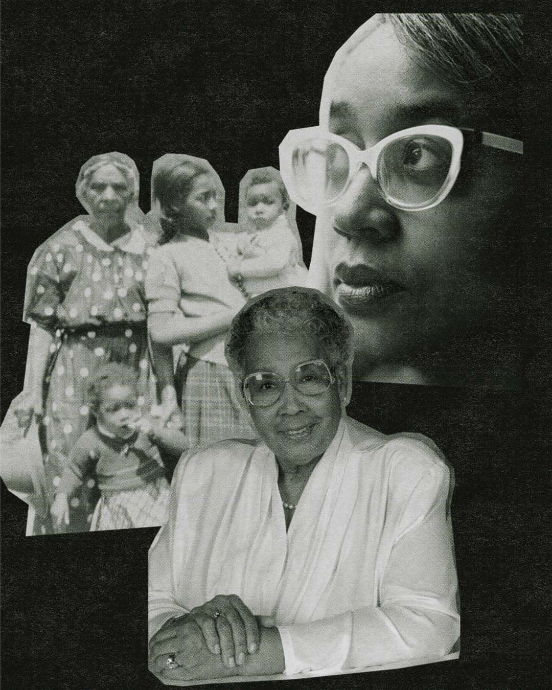 A collage of old cropped black and white photos of women of various ages.