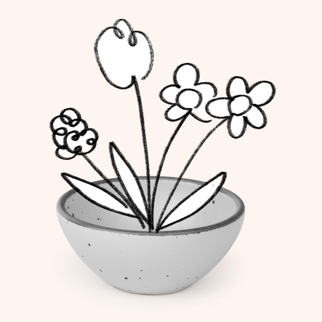 An illustration of flowers sitting inside a grayscale ceramic bowl with an unglazed rim and iron spots.