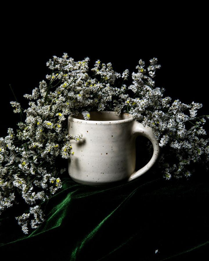 A medium sized ceramic mug with handle in a warm, tan-toned, off-white color featuring iron speckles. The mug is surrounded by little flowers and sitting on a dark green velvet drape, all against a black background.
