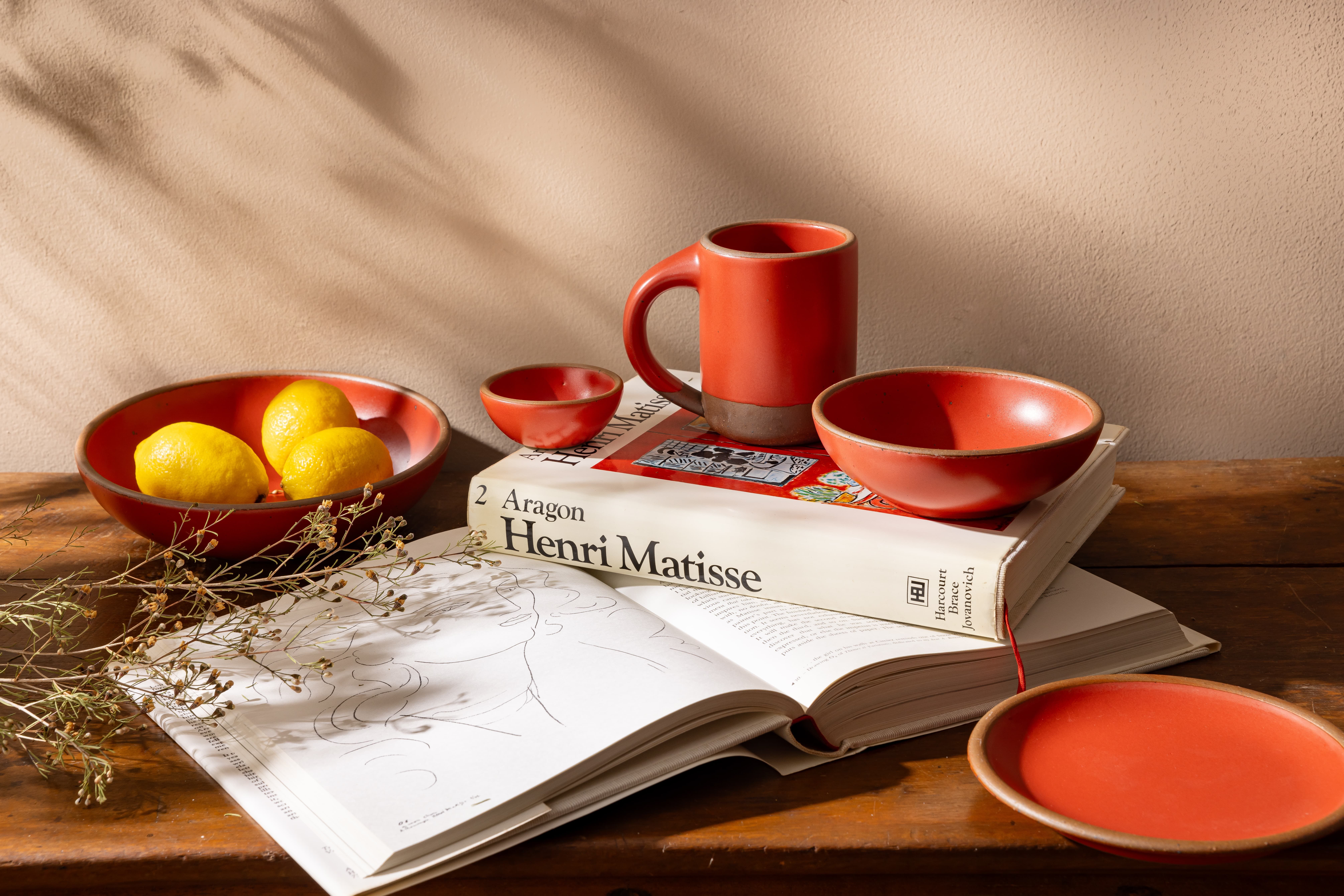 A table setting featuring open books of Henri's Matisse's work, ceramic mug, bowls, and plates in a bold red color. Shadows are cast from a nearby window and lemons are inside the bowl on the left.