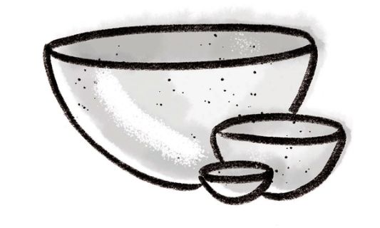 A simple crayon drawing of 3 bowls in tiny, medium, and large sizes with a watercolor wash in an icy white-grey color