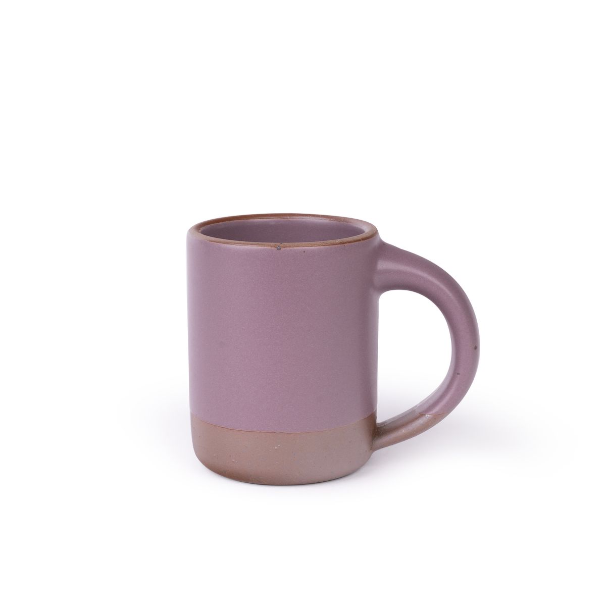 A medium sized ceramic mug with handle in a soft mauve purple color featuring iron speckles and unglazed rim.