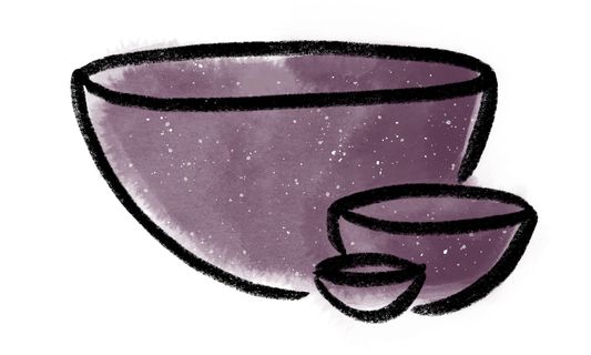 A simple crayon drawing of 3 bowls in tiny, medium, and large sizes with a watercolor wash in a purple color with white sparkles