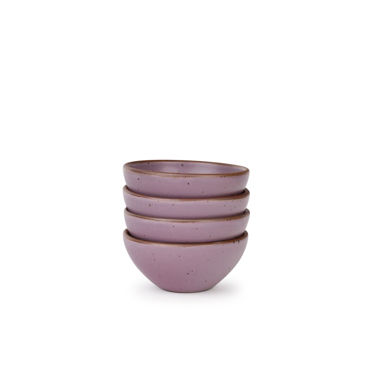 A stack of 4 small dessert sized rounded ceramic bowls in a soft mauve purple color featuring iron speckles and an unglazed rim