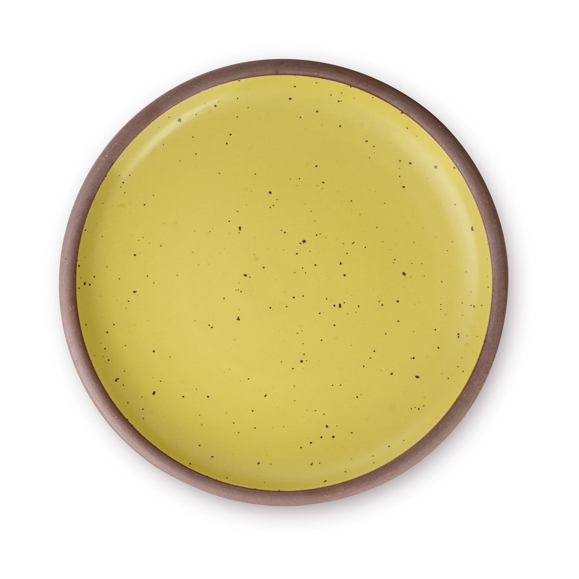A large ceramic platter in a zesty yellow color featuring iron speckles and an unglazed rim.