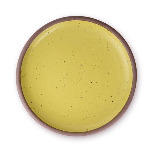 A large ceramic platter in a zesty yellow color featuring iron speckles and an unglazed rim.