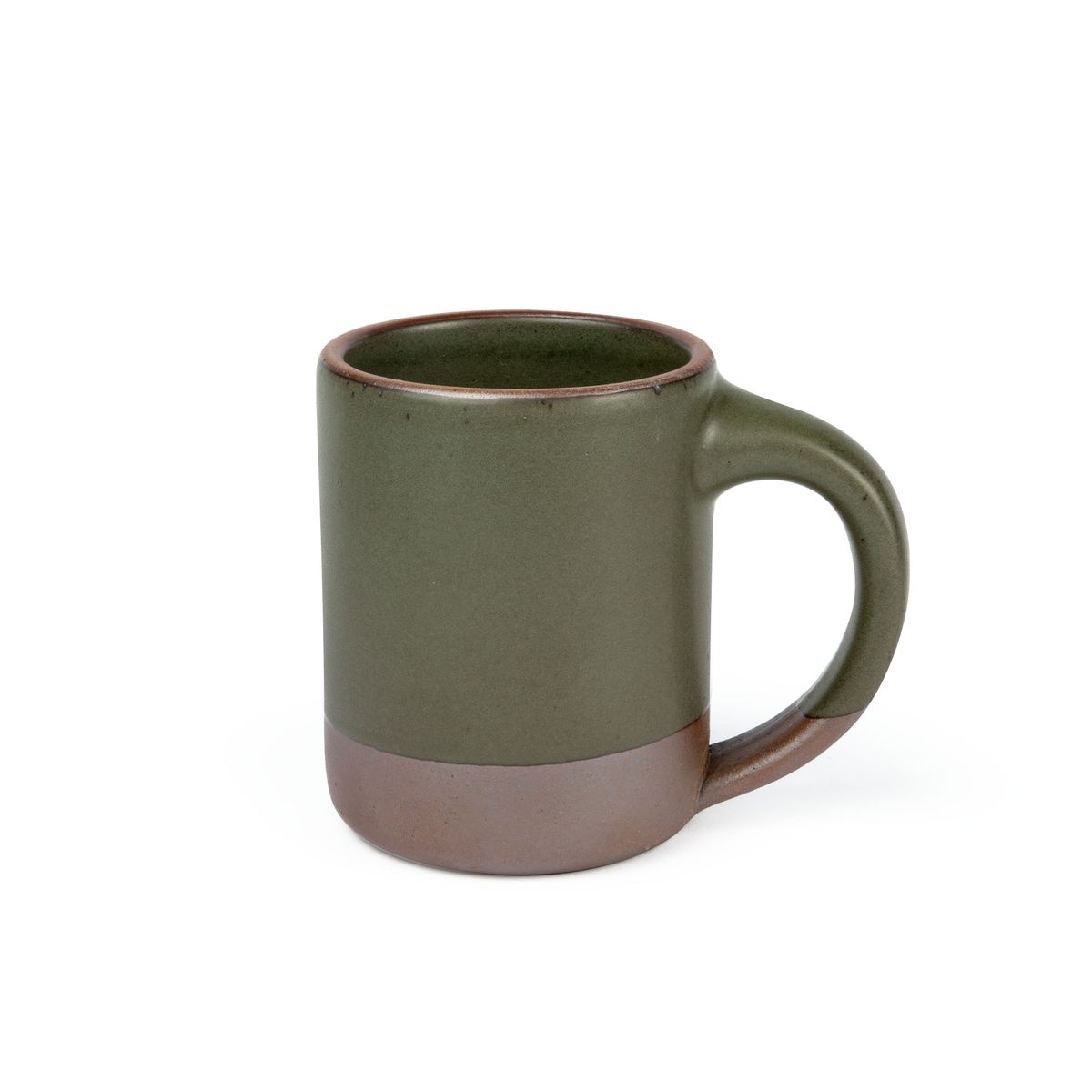 A big sized ceramic mug with handle in an earthy green color featuring iron speckles and unglazed rim and bottom base.