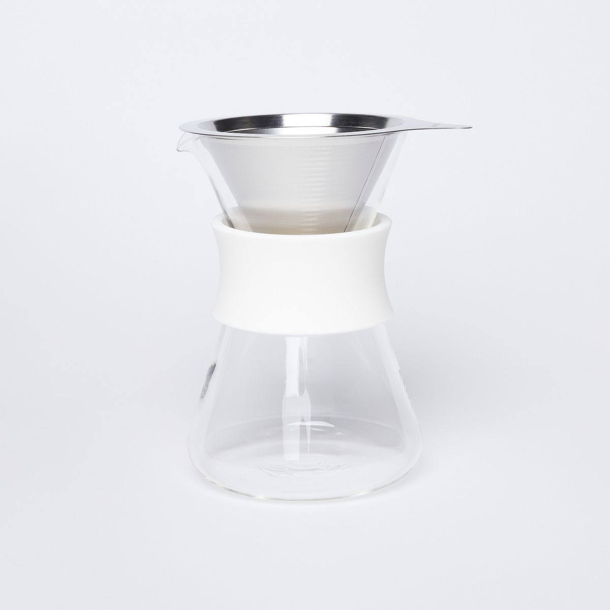 Glass base with white top, metal strainer on top