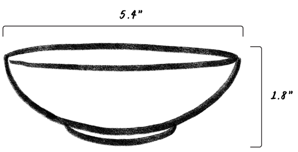 A crayon drawing of a shallow breakfast bowl with dimensions that read 5.4" wide, 1.8" tall