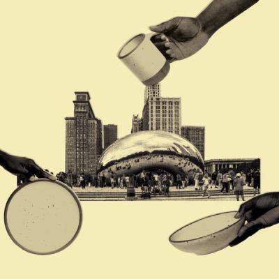 A graphic collage of hands holding ceramic plate, bowl, and mug and a cut-out of The Bean sculpture in Chicago, IL.
