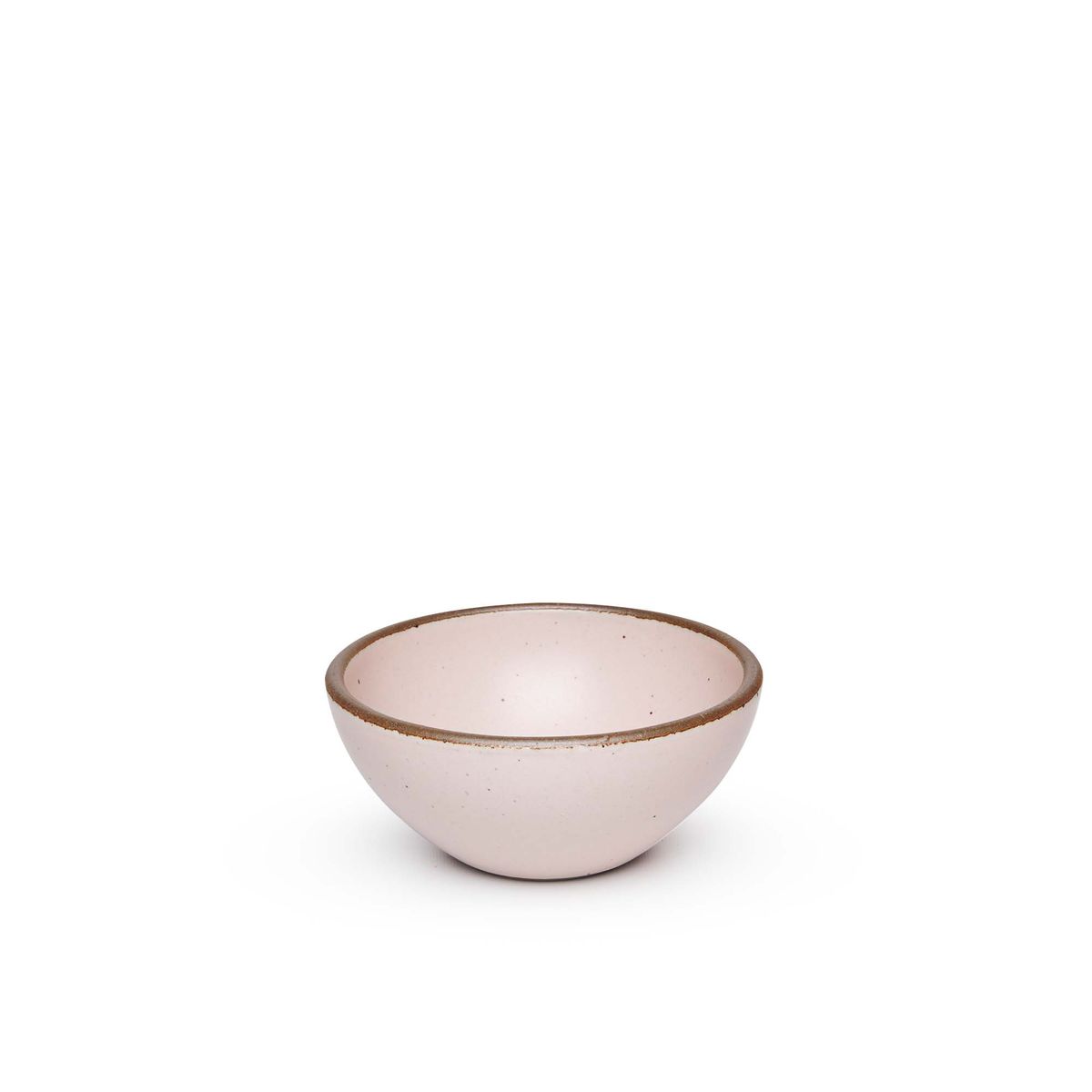 A small dessert sized rounded ceramic bowl in a soft light pink color featuring iron speckles and an unglazed rim
