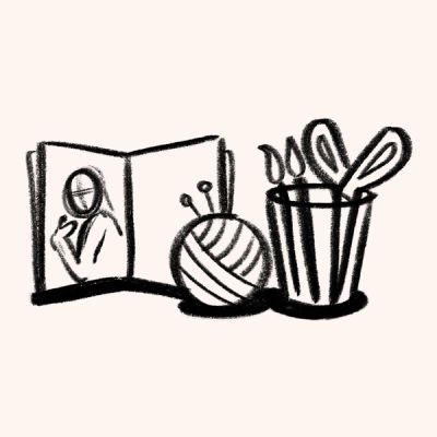 A crayon illustration of yarn, a cup with paint brushes and scissors, and a drawing in a notebook.
