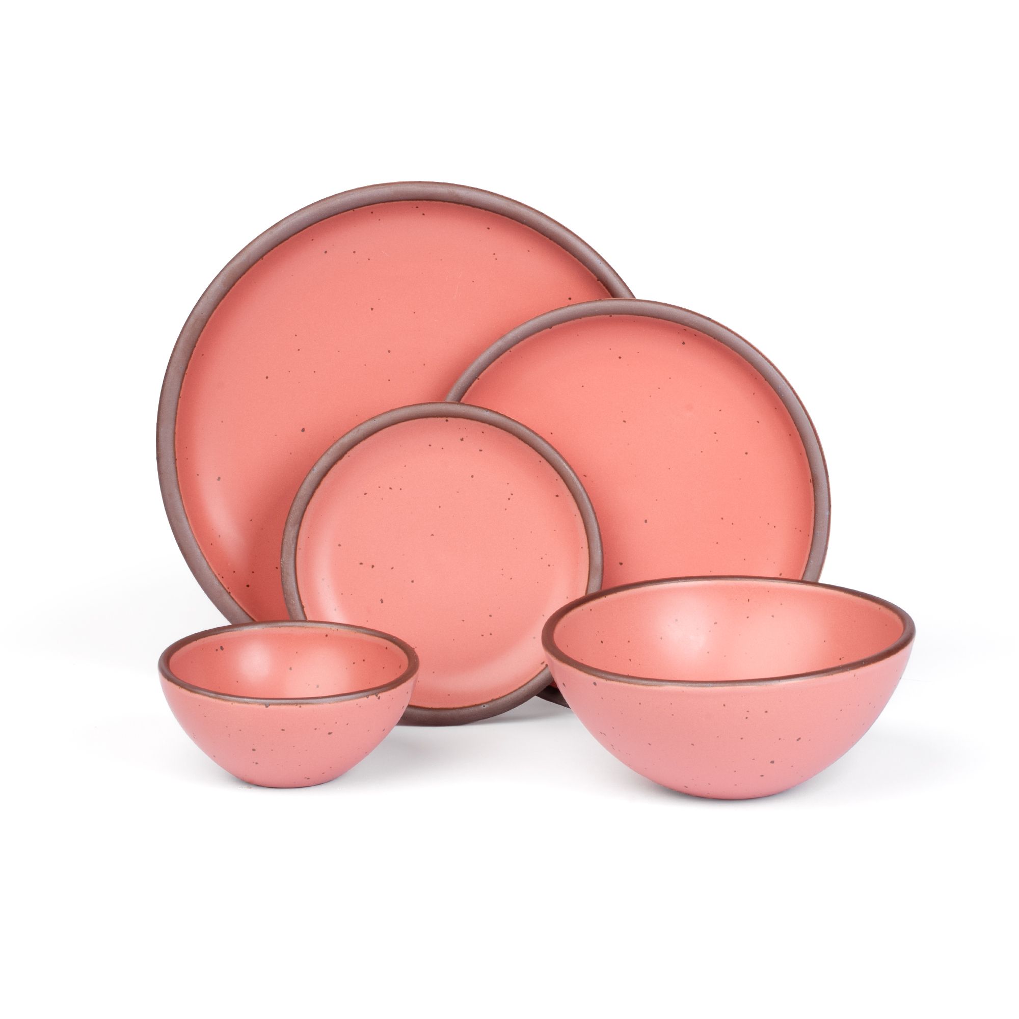 An ice cream bowl, soup bowl, cake plate, side plate and dinner plate in a watermelon pink color featuring iron speckles