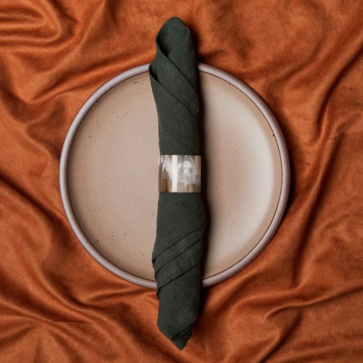 Dark green cloth napkin folded and rolled, held by a brown and white cylindrical holder, set on a brown dinner plate with a rust-colored fabric background