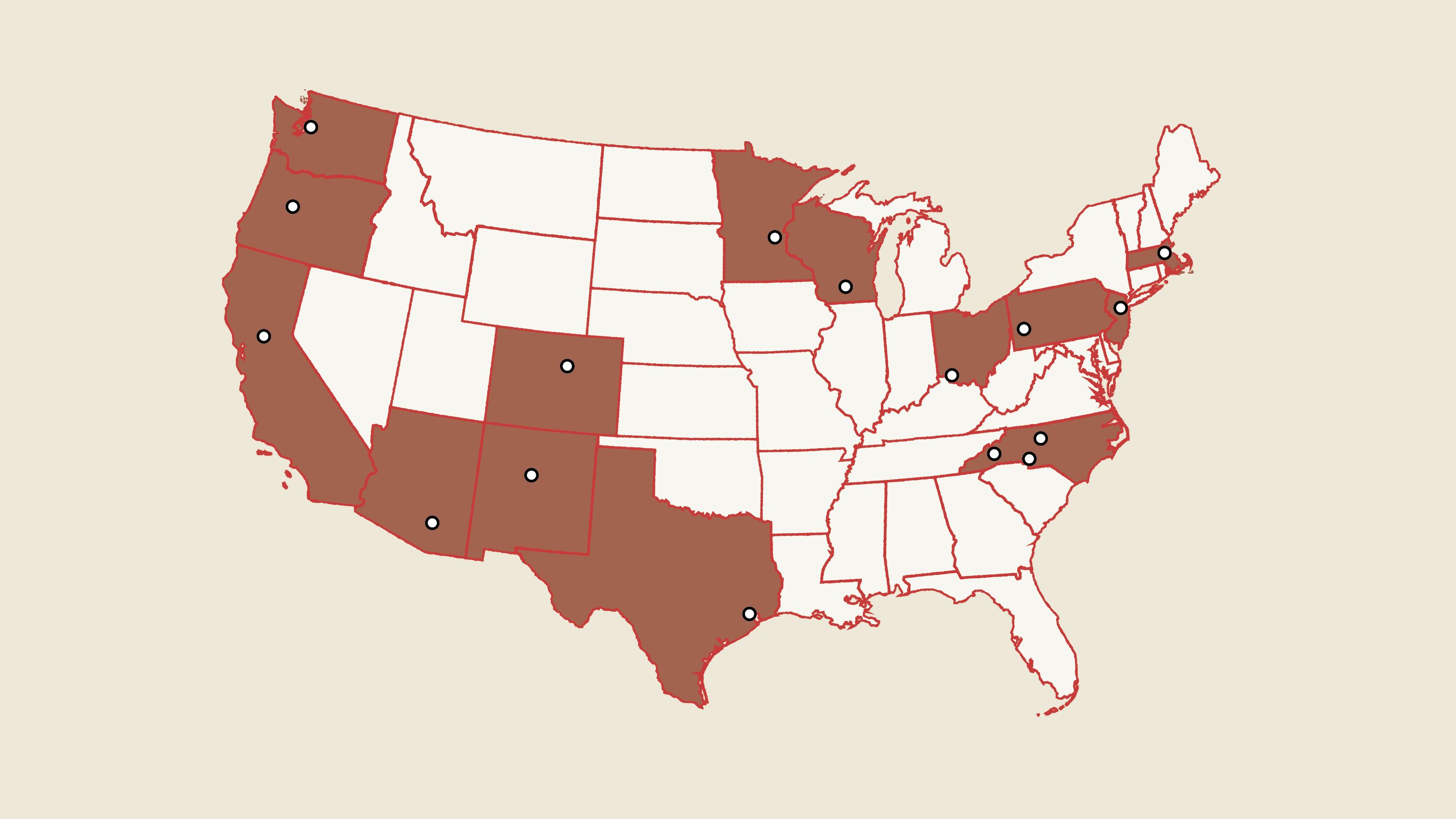 A map of the United States with states highlighted in a terracotta color that we are visiting in 2026.