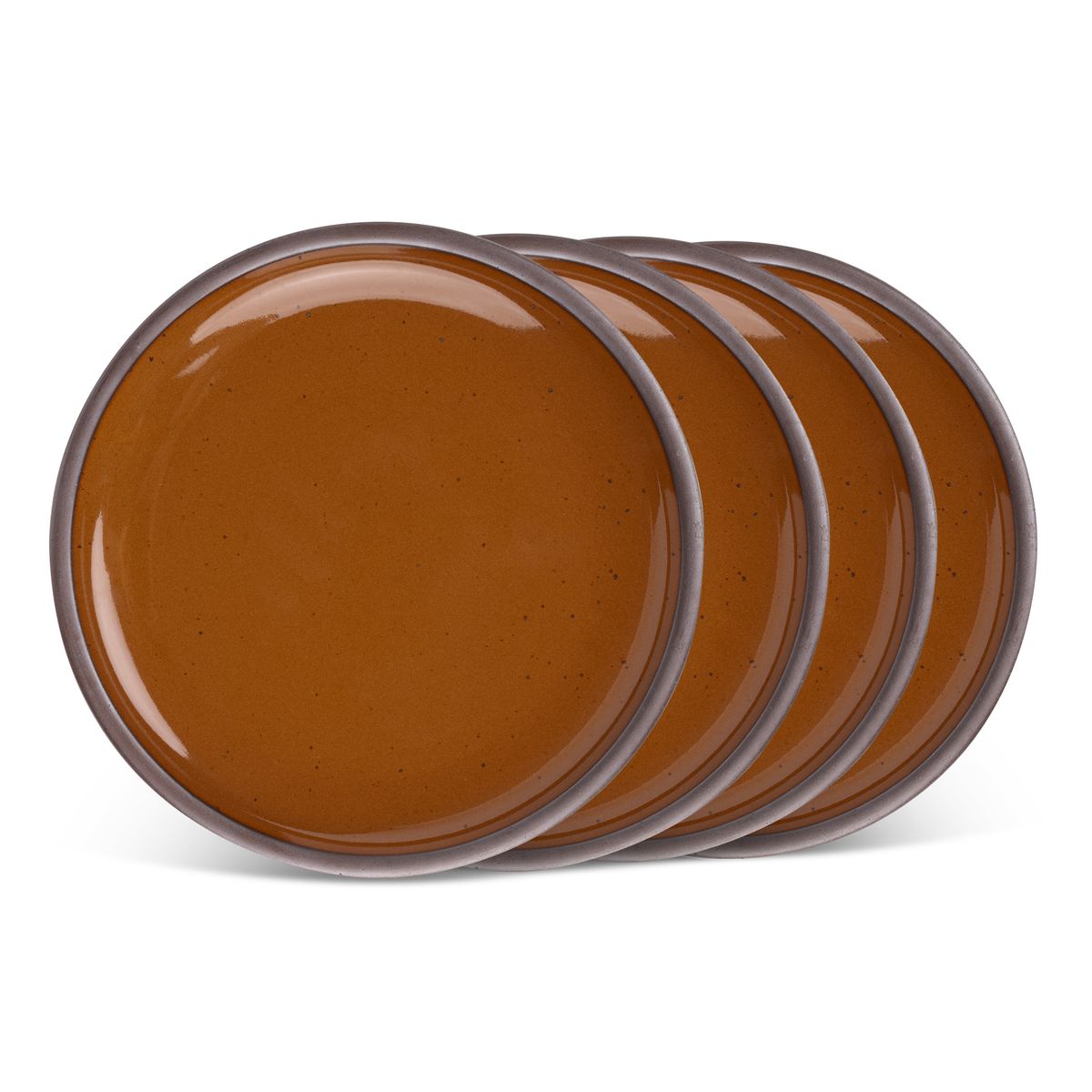 A stack of 4 dinner sized ceramic plates in a glossy caramel brown color featuring iron speckles and an unglazed rim