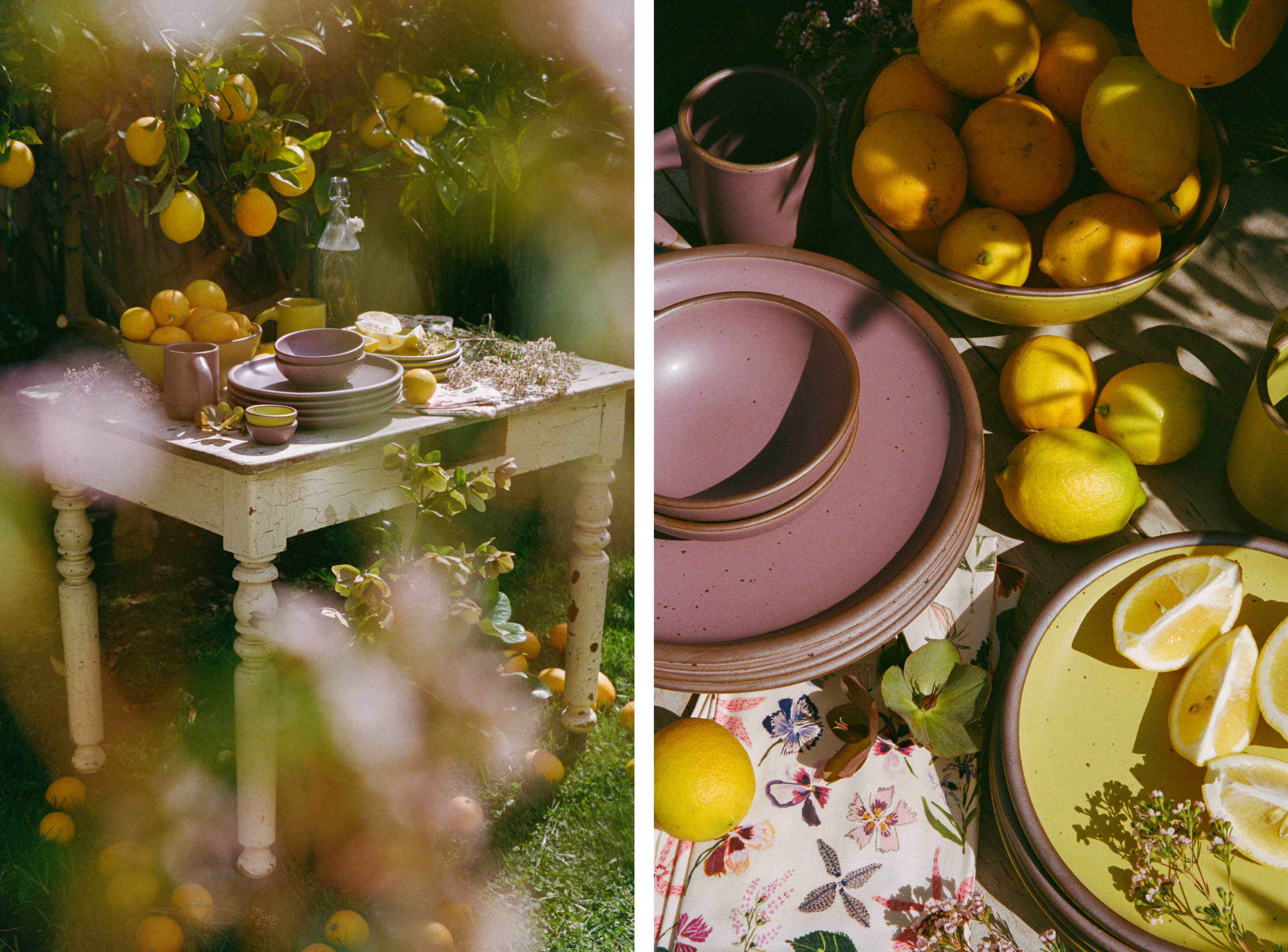 2 Photos of a similar scene, one up close and one far away: a table is filled with ceramic dinnerware in zesty yellow and soft mauve purple, lemons, plants, floral napkins, and more.