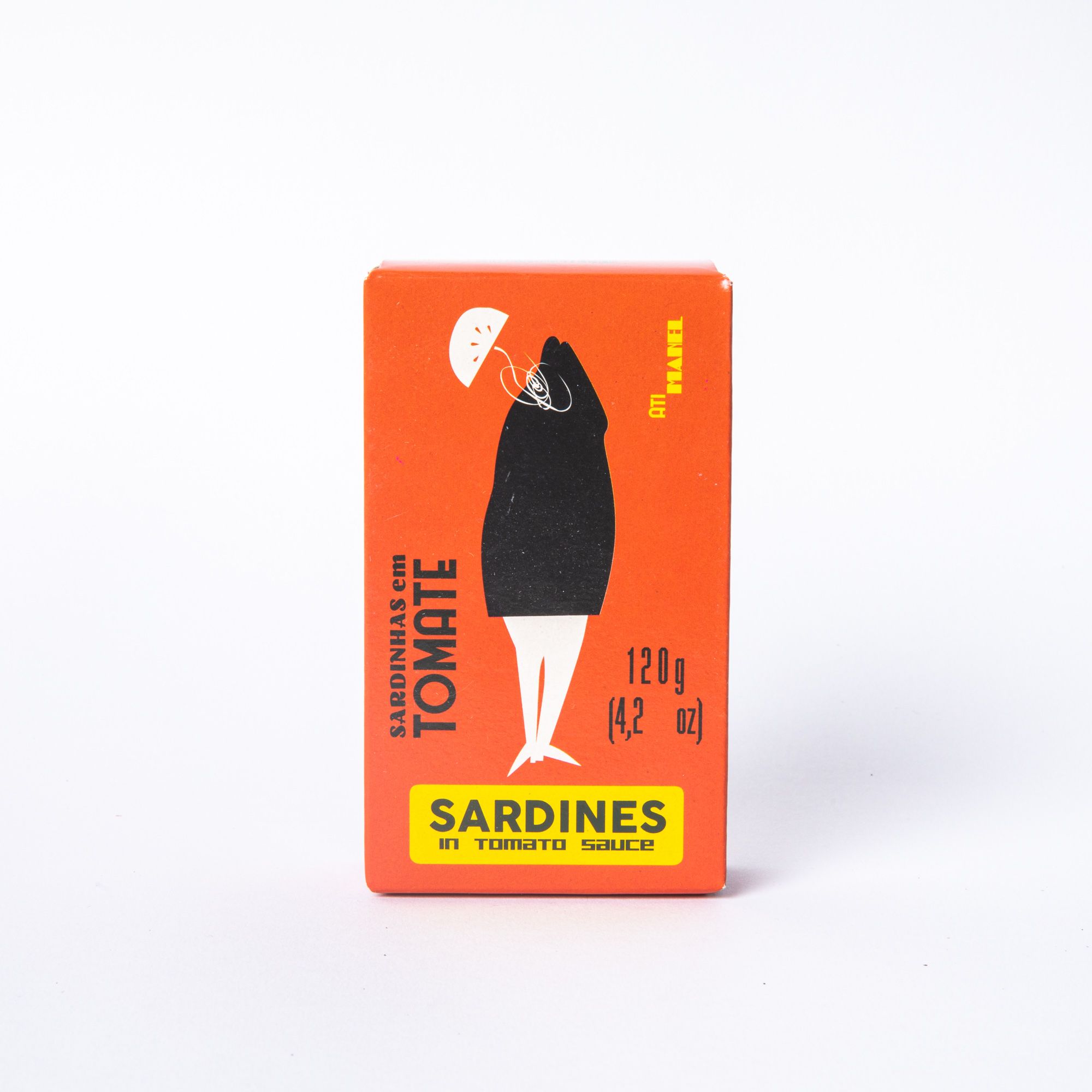 An orange box with a fish illustration and text that reads: "Sardines in Tomato Sauce"