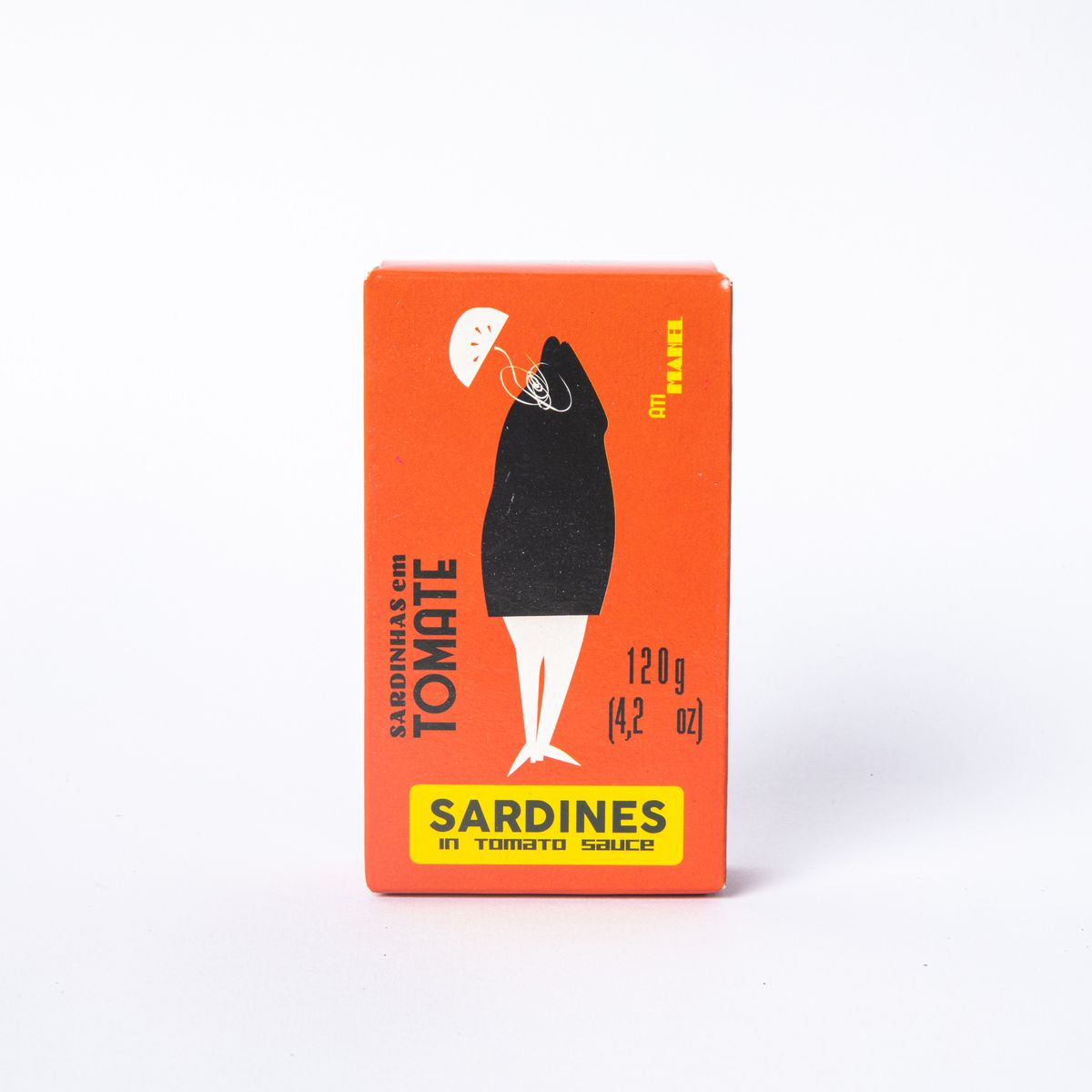 An orange box with a fish illustration and text that reads: "Sardines in Tomato Sauce"