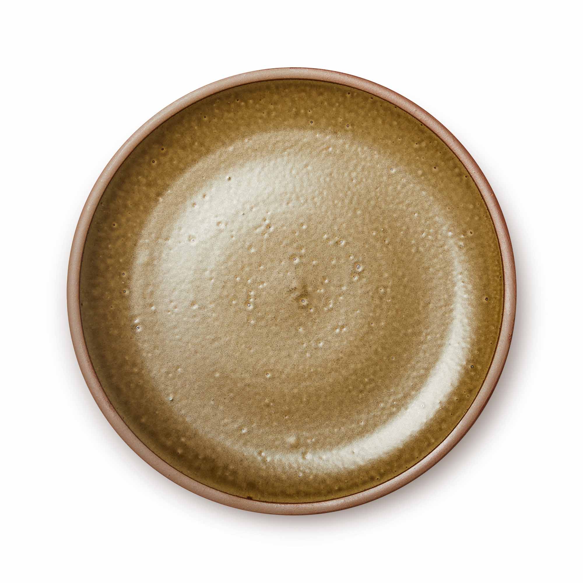 A large ceramic platter in an earthy green color featuring fired texture, iron speckles, and an unglazed rim.