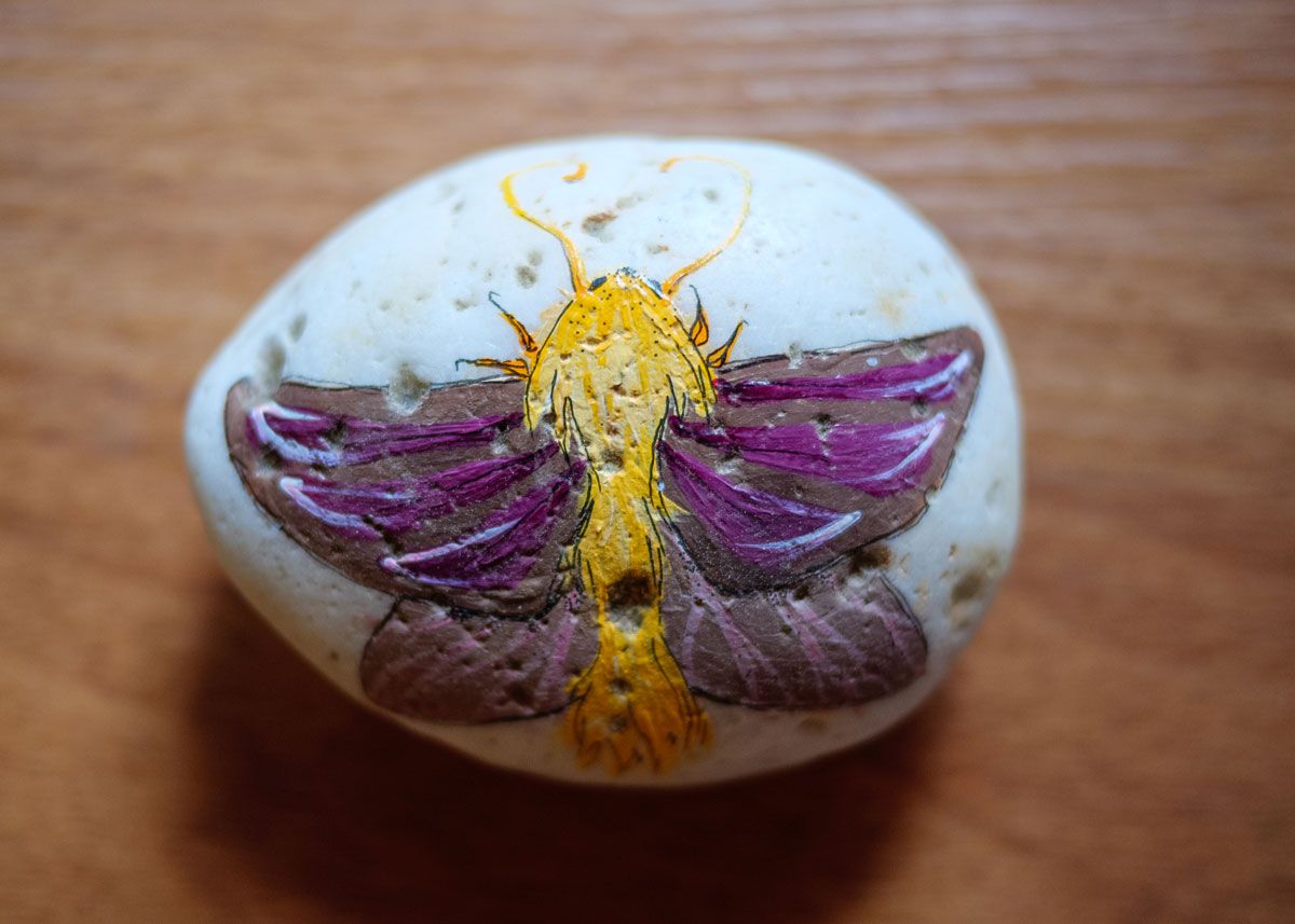 A small white rock with a purple butterfly painted on it