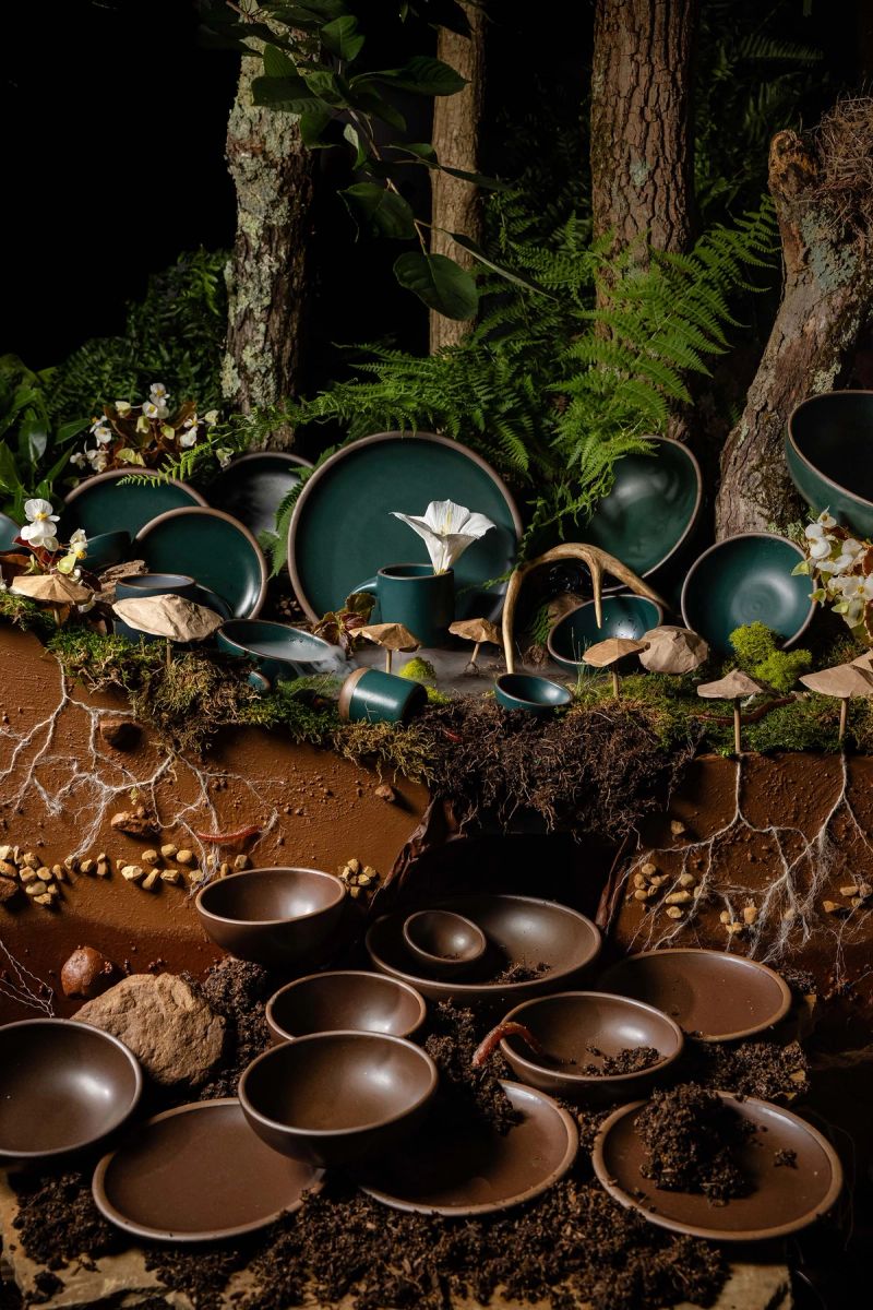 A dark forest set environment that shows off above and below the earth. Above the earth is tree bark, ferns, moss and various ceramic plates and bowls in a deep dark teal. Below earth is roots, rocks, and dirt with various plates and bowls in a dark brown. 