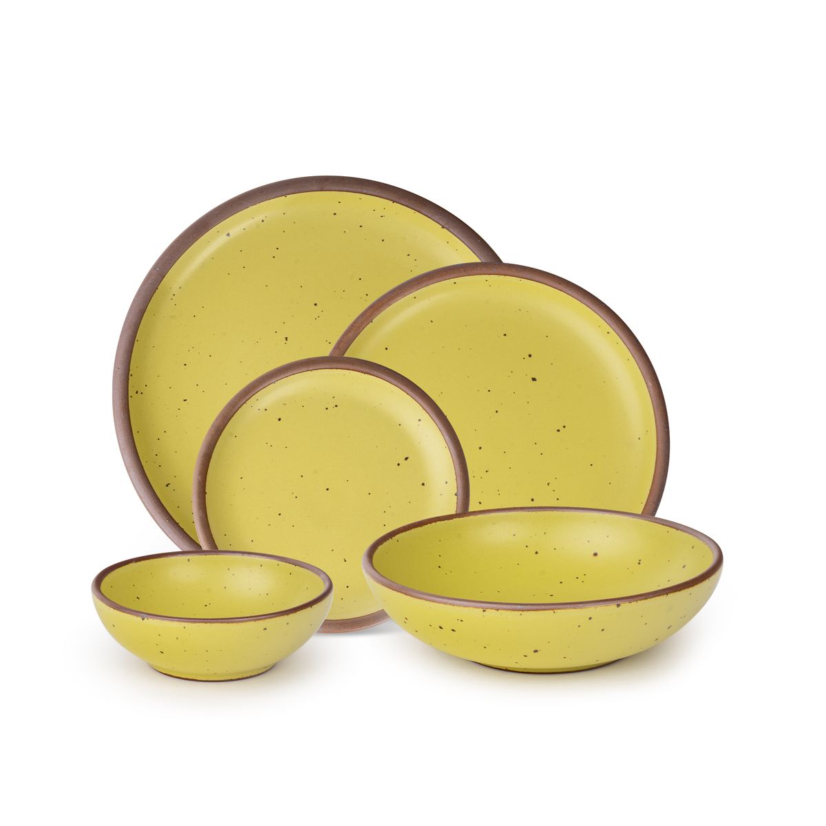 A breakfast bowl, everyday bowl, cake plate, side plate and dinner plate paired together in a zesty yellow color featuring iron speckles