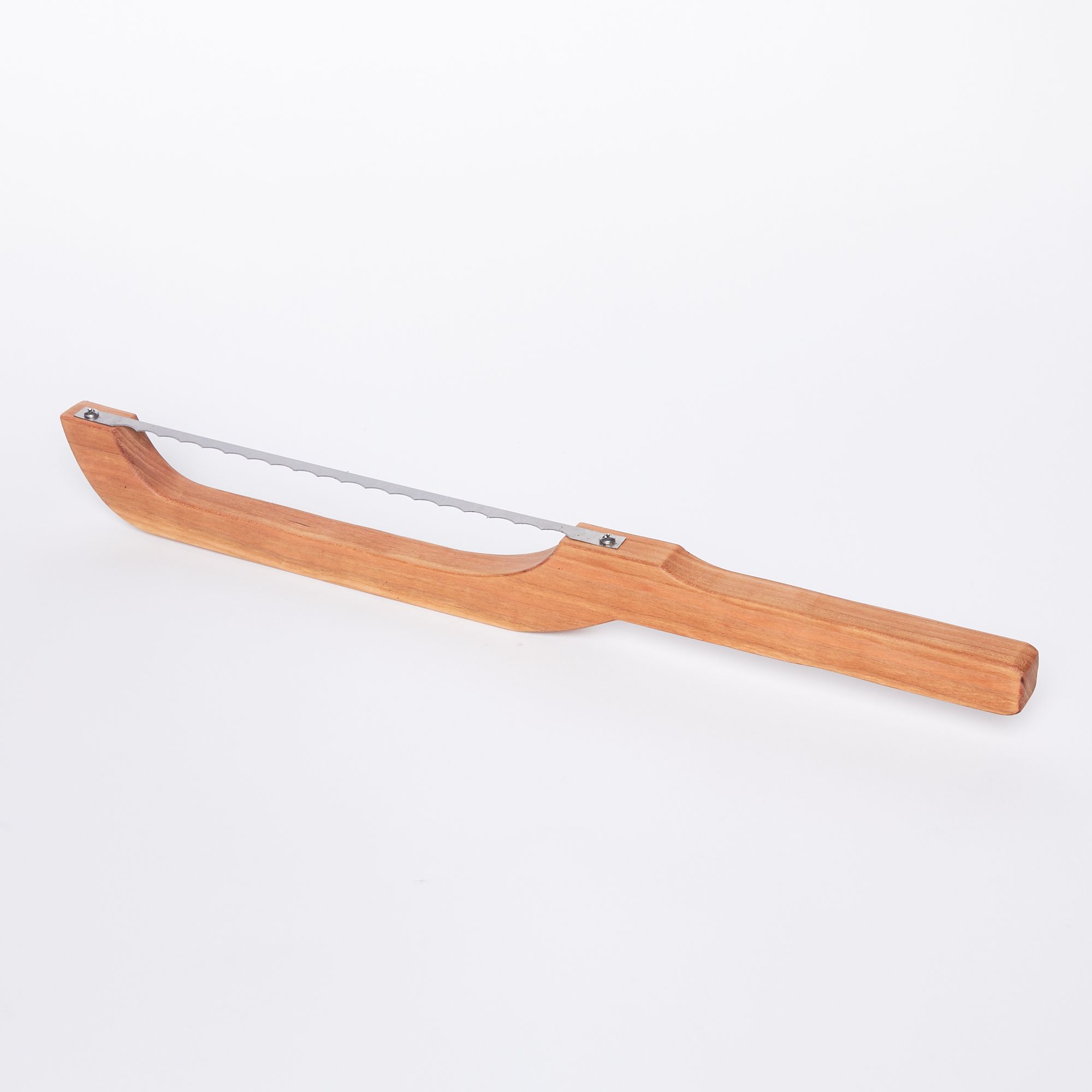A wooden bread bow, which has a metal blade that span between curved ends of the handle, on a white background