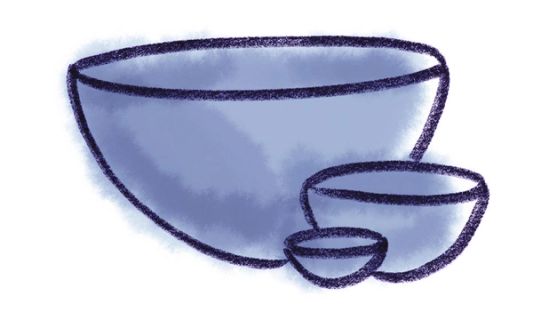 A simple crayon drawing of 3 bowls in tiny, medium, and large sizes with a watercolor wash in a periwinkle color