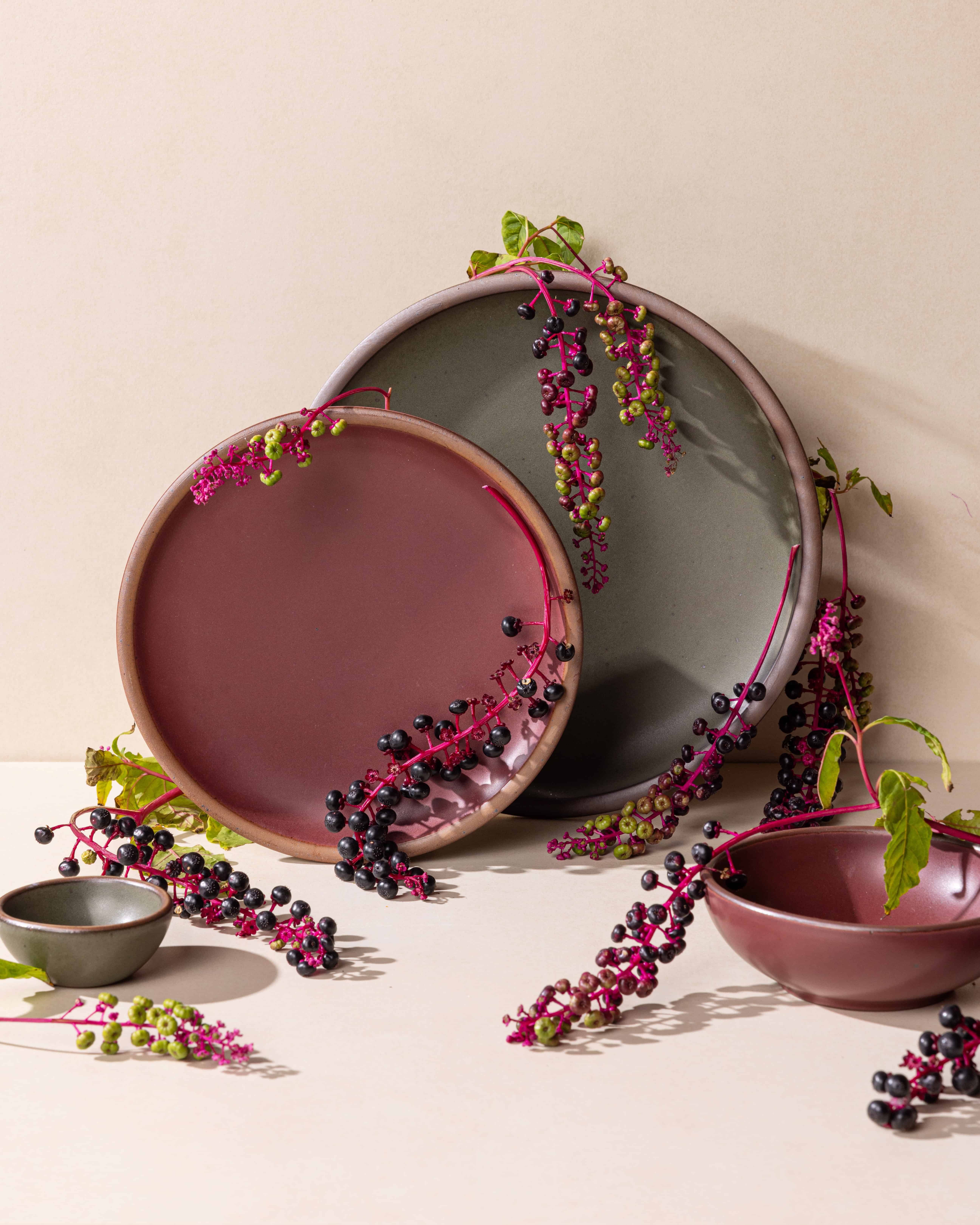 Arrangement of 2 plates and 2 bowls in plum and forest green with artful pokeweed props