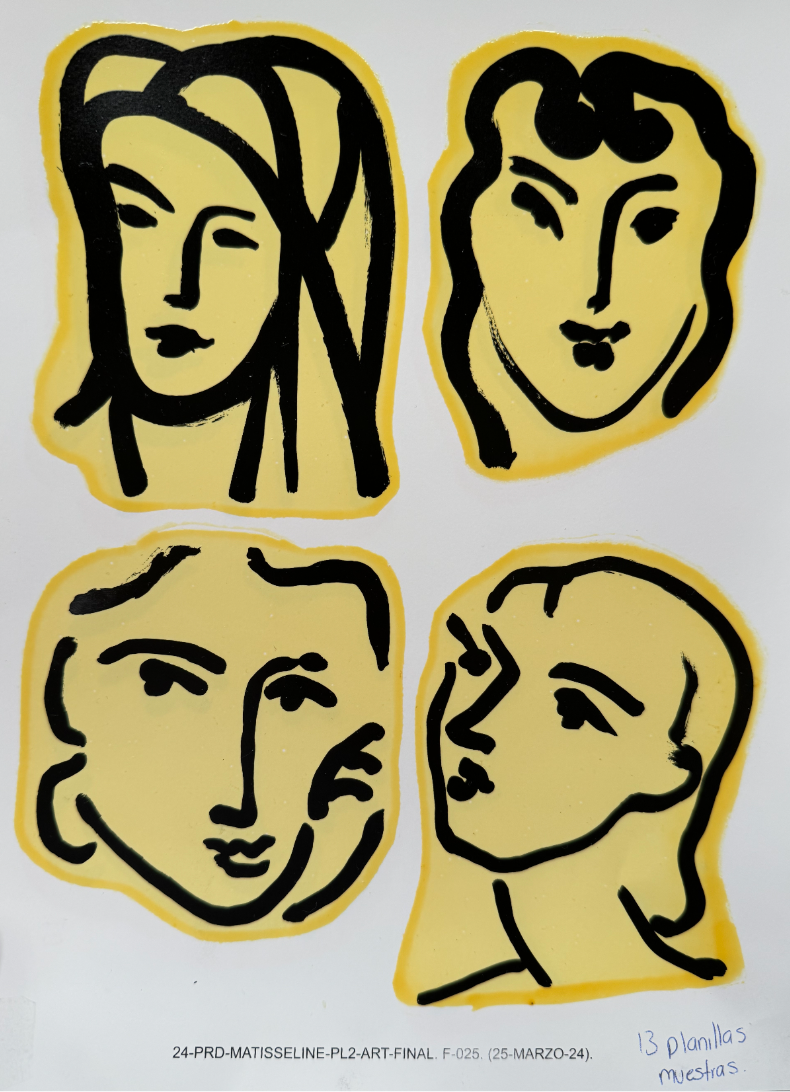 Four decals of Matisse's abstract, black paintings of women's faces on yellow background cut-outs.
