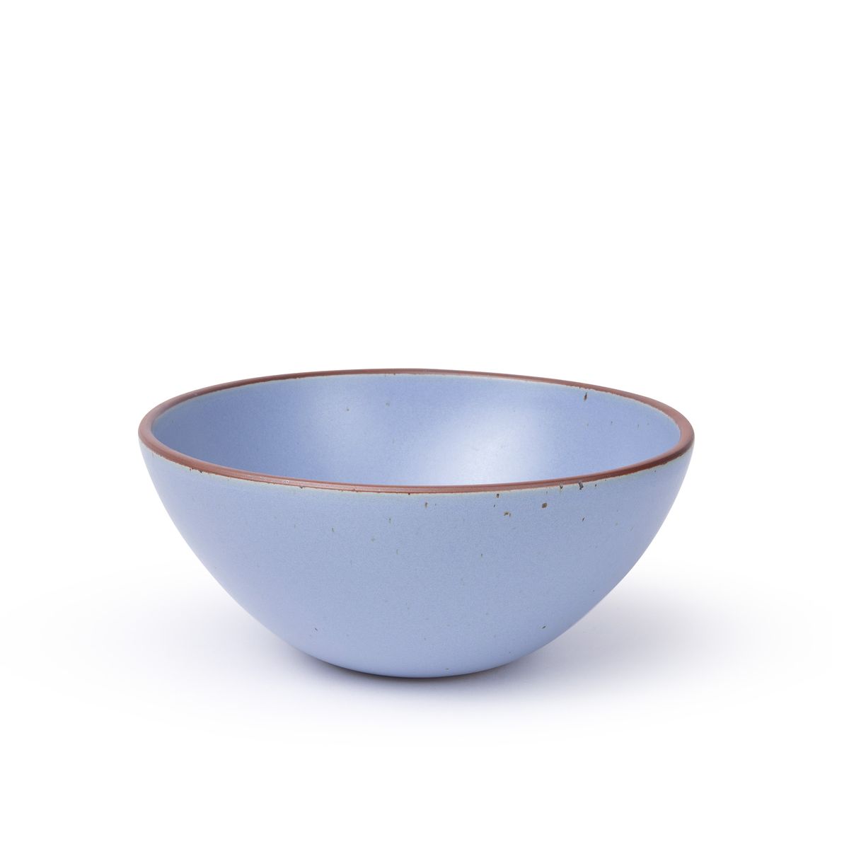 A large rounded ceramic bowl in a periwinkle color featuring iron speckles and an unglazed rim