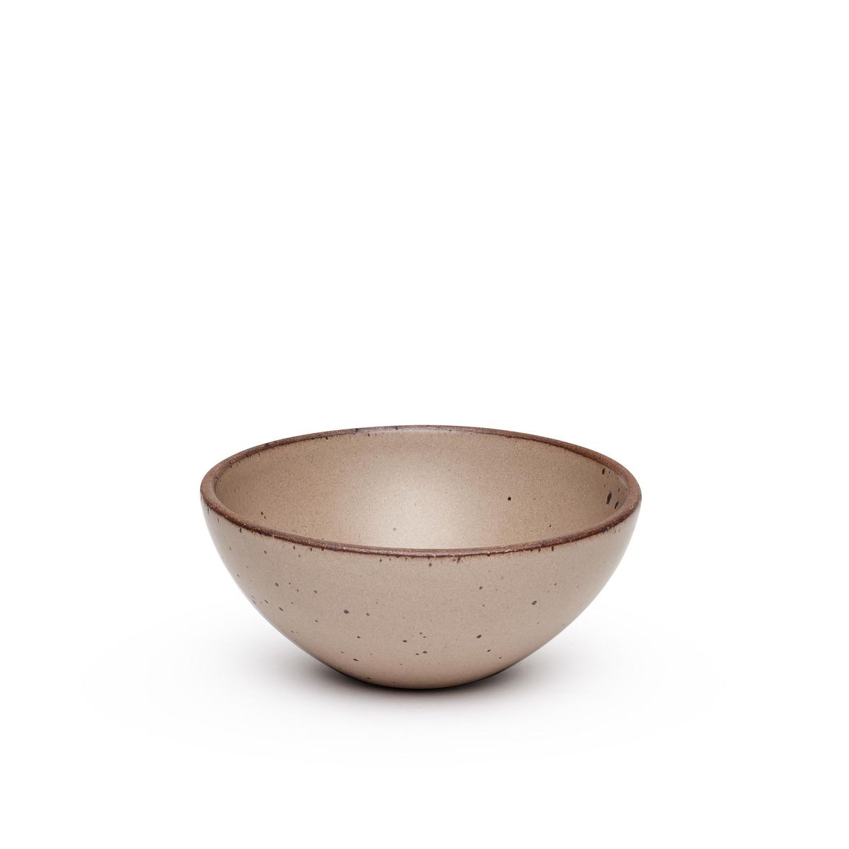 A medium rounded ceramic bowl in a warm pale brown color featuring iron speckles and an unglazed rim