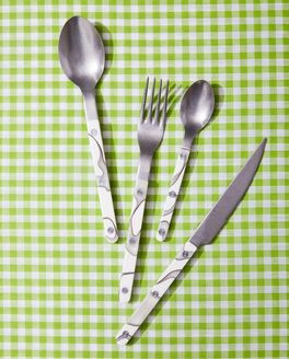 A soup spoon, dinner fork, teaspoon, and knife with white marbled handles sit against a lime gingham backdrop.