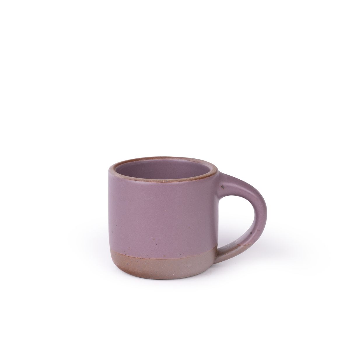 A small sized ceramic mug with handle in a soft mauve purple featuring iron speckles and unglazed rim