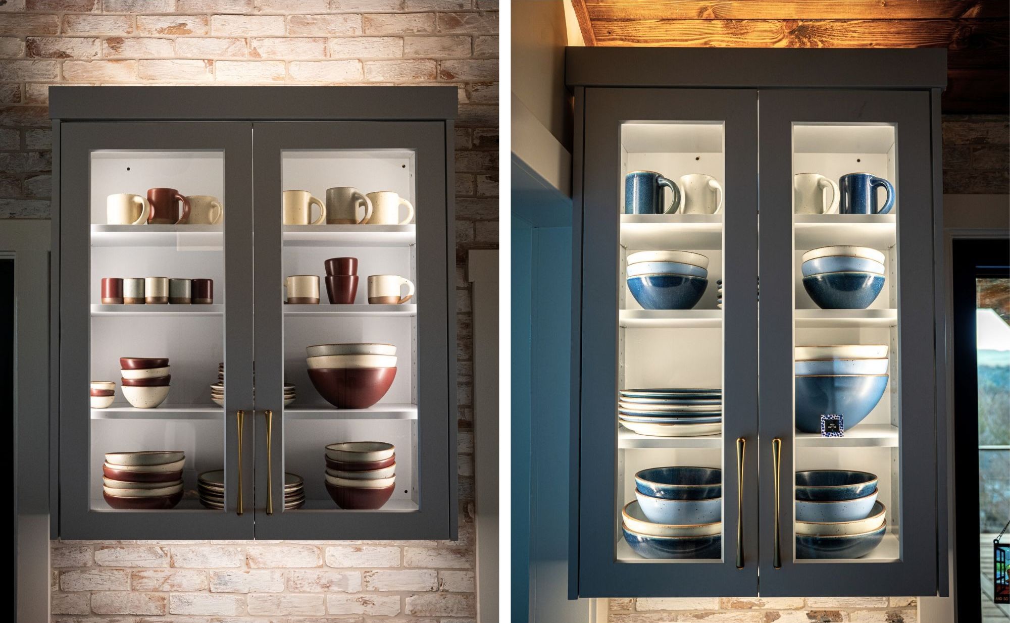 Open window kitchen cabinets show stacks of ceramic dinnerware in plum, blue, and white colors.