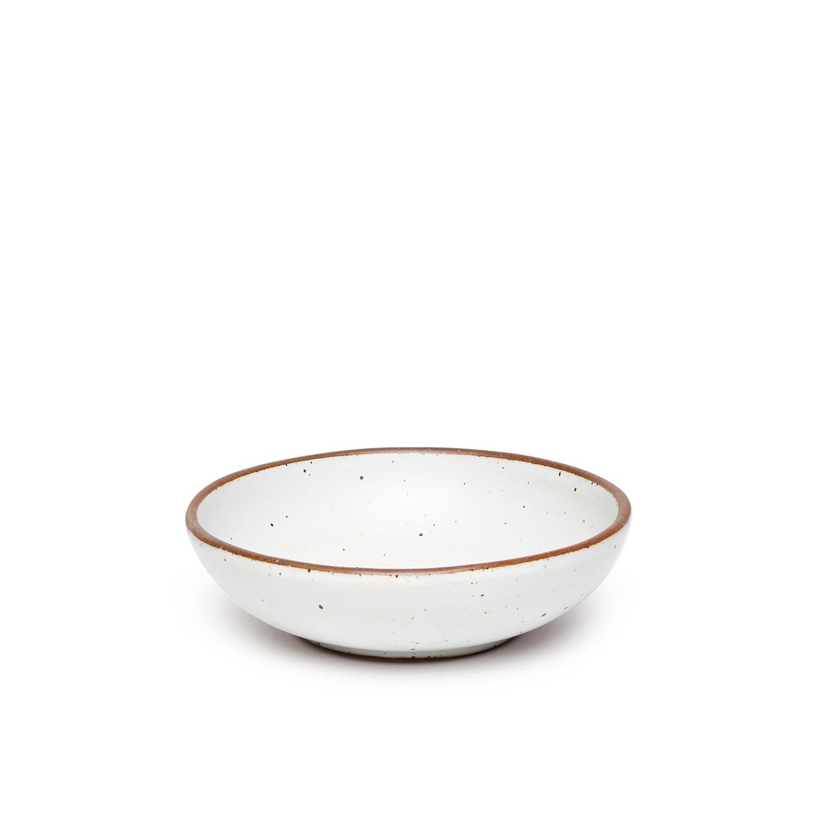 A dinner-sized shallow ceramic bowl in a cool white color featuring iron speckles and an unglazed rim