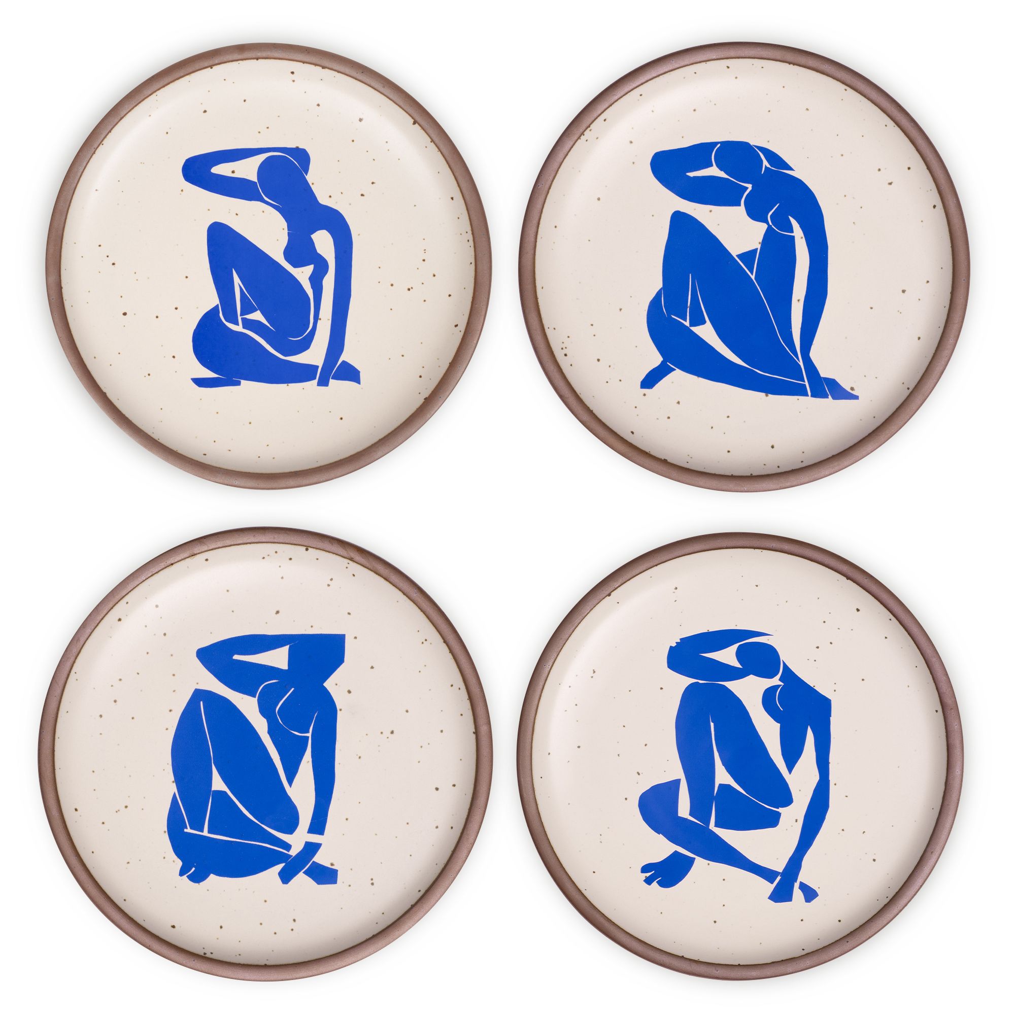 Four ceramic dinner plates in warm off-white colors and unglazed rim, each with a different blue decal from the Nu Bleu series by Henri Matisse.